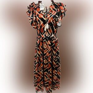 THML Black Midi Dress with Orange and Cream Floral Pattern